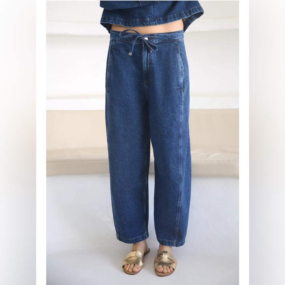 ZARA Z1975 HIGH-WAISTED PULL-ON DRAWSTRING JEANS. Mid-blue L NWT